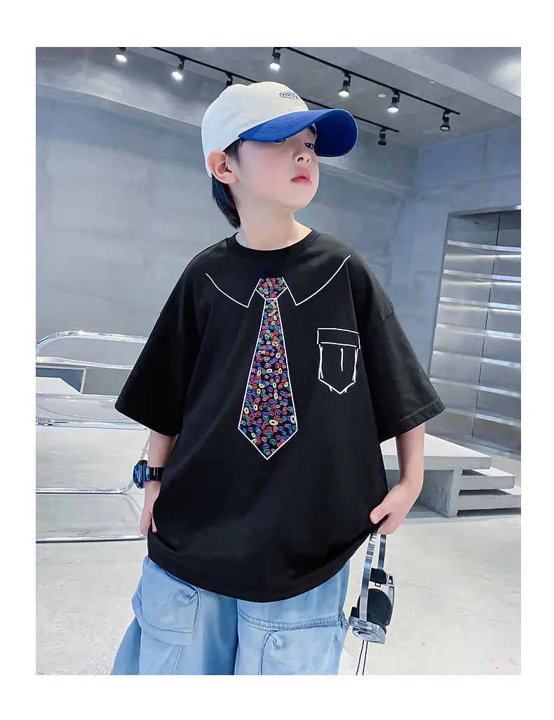 Boys Cotton T-Shirt Black with Printed Neckline & Pocket — feature 16