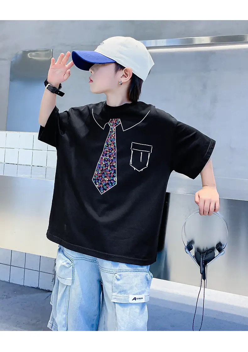 Boys Cotton T-Shirt Black with Printed Neckline & Pocket — feature 17