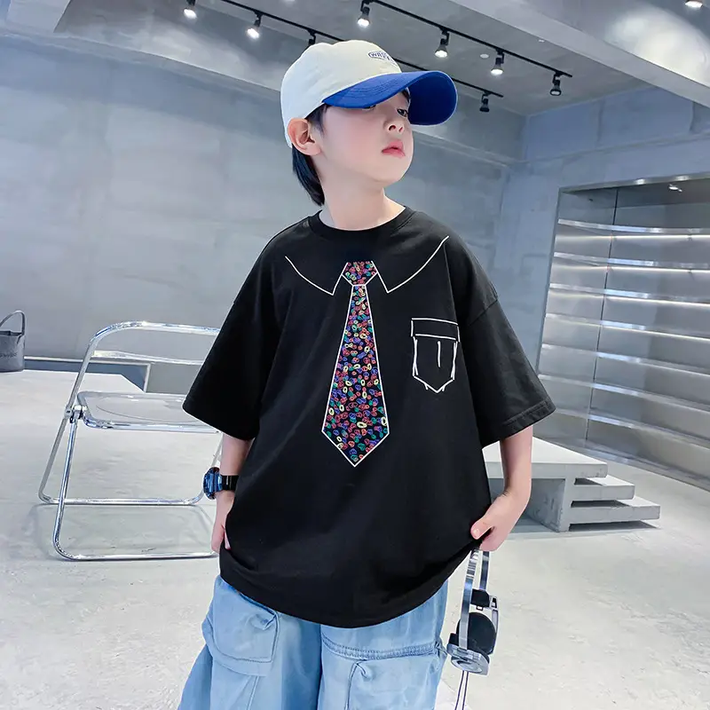 Boys Cotton T-Shirt Black with Printed Neckline & Pocket - Image 2