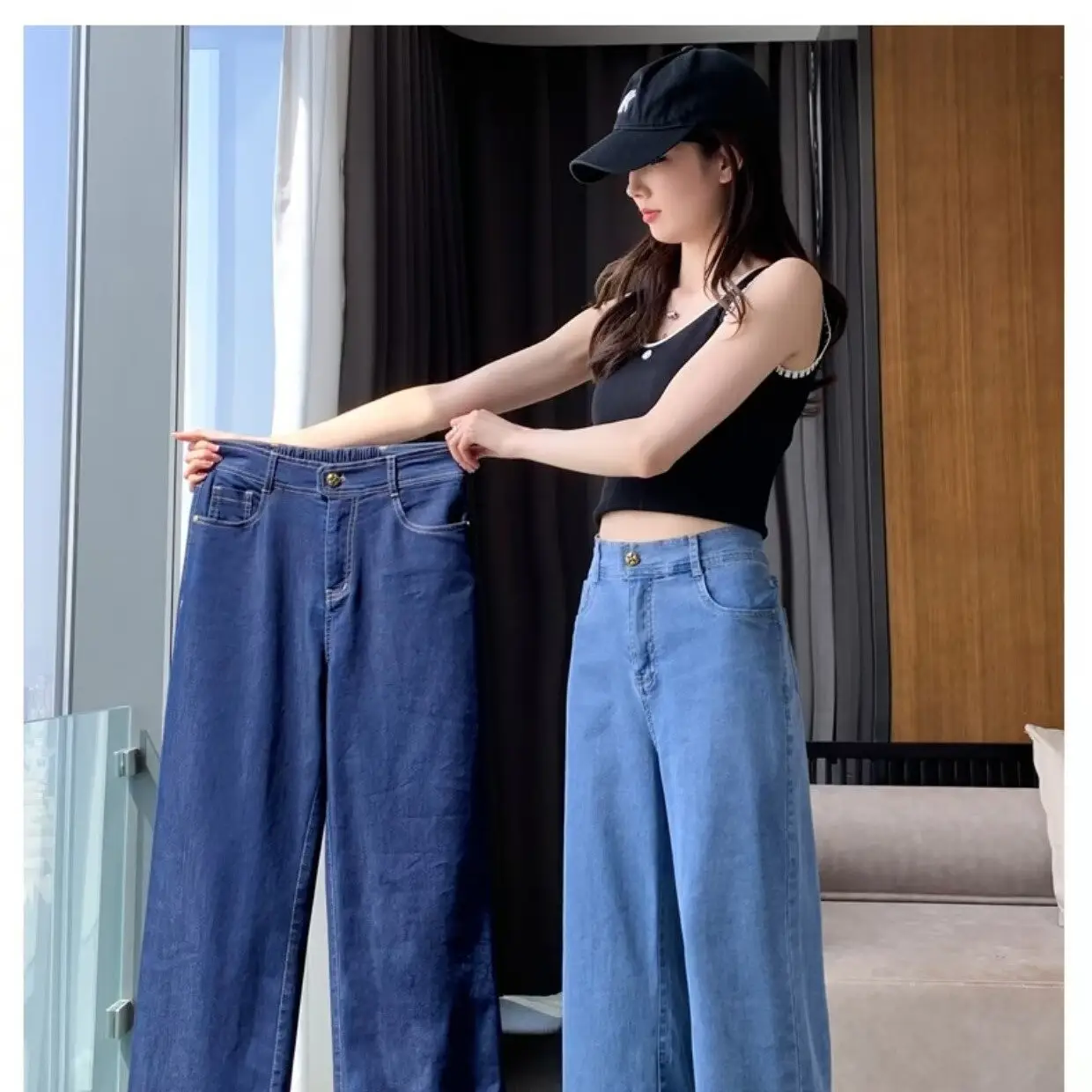 Wide Leg Jeans Women Dark Blue High Waist Spring Autumn — feature 39