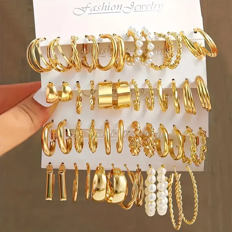 Golden Square Geometric Earrings Set for Women - Image 4