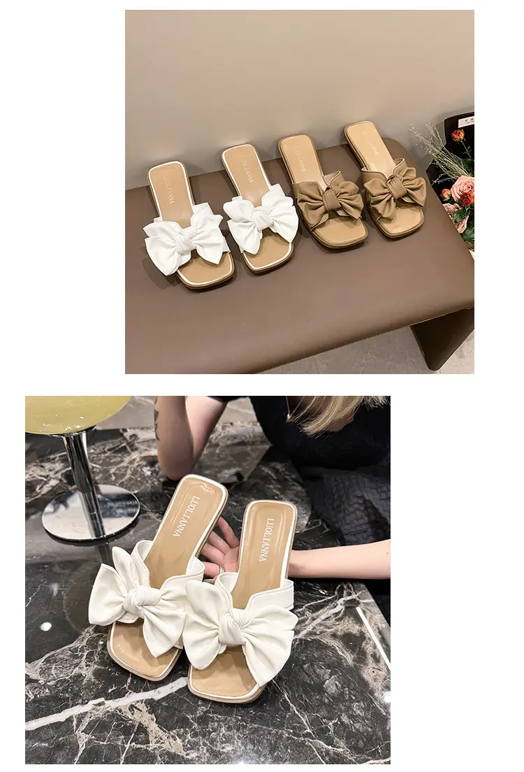 Women Bow Wedge Slipper Tan Summer — feature 17