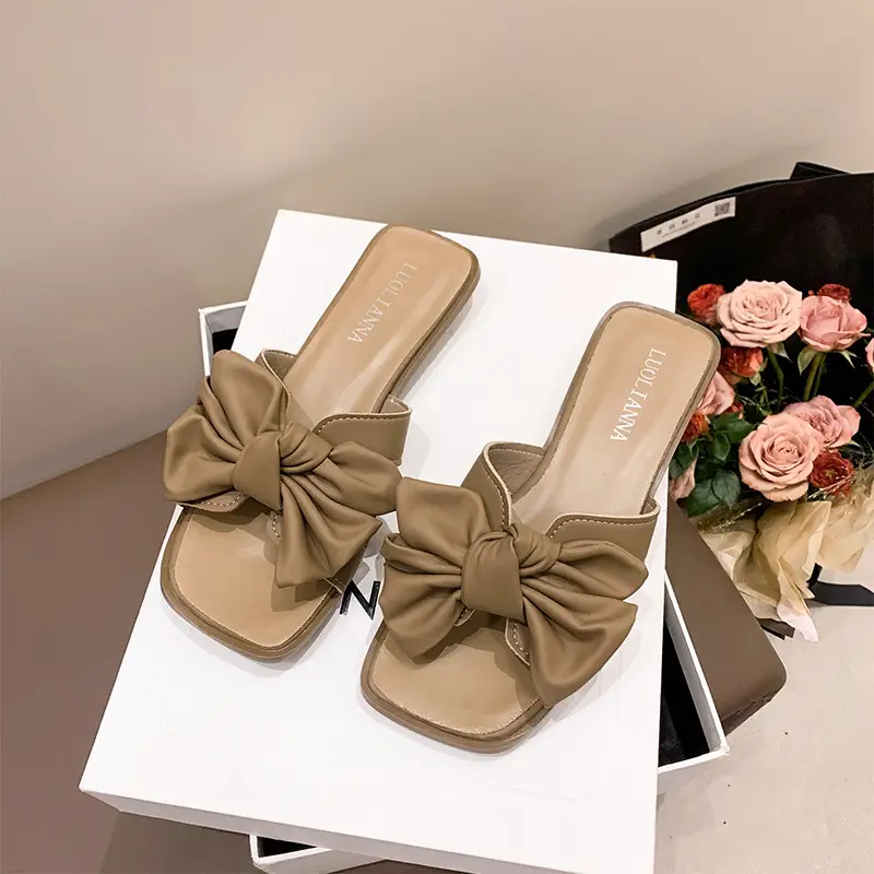 Women Bow Wedge Slipper Tan Summer