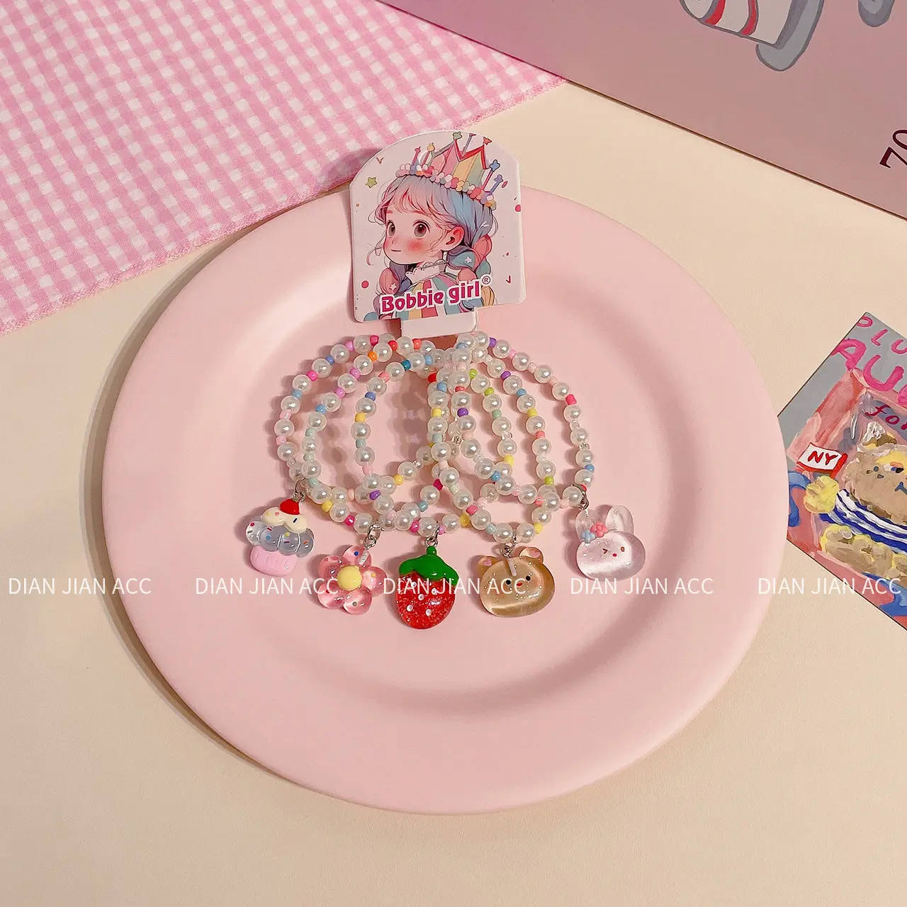 5 Piece Cute Resin Animal Flower Bracelets Sweet Pearl Color Beaded Jewelry - Image 3