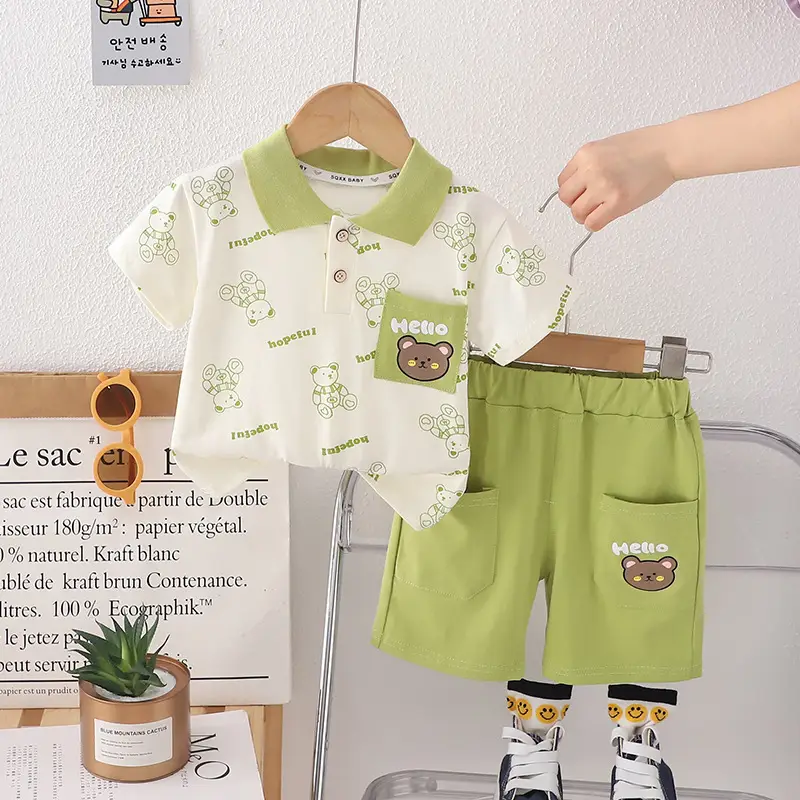 Bear Printed Boys Short Sleeve T-Shirt & Shorts Set - Image 2