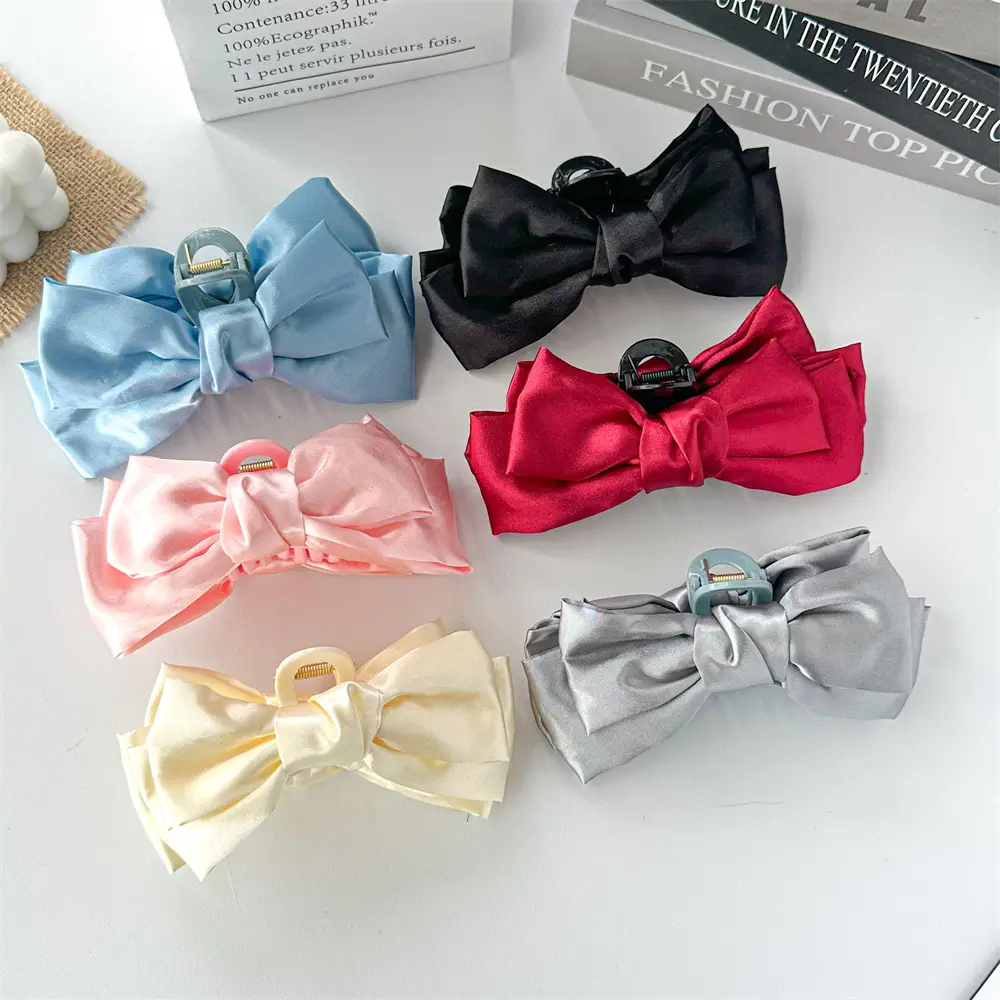 Black Satin Large Bow Hair Clip Korean Style - Image 11