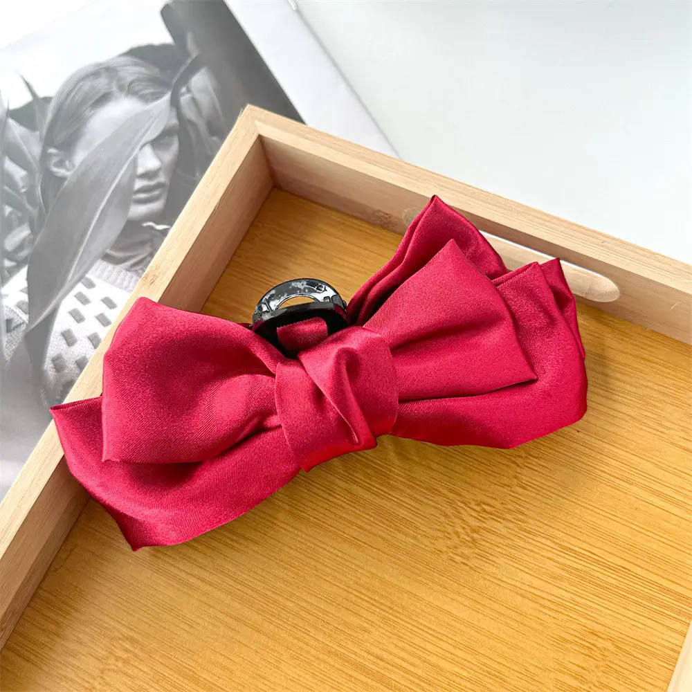 Black Satin Large Bow Hair Clip Korean Style - Image 2