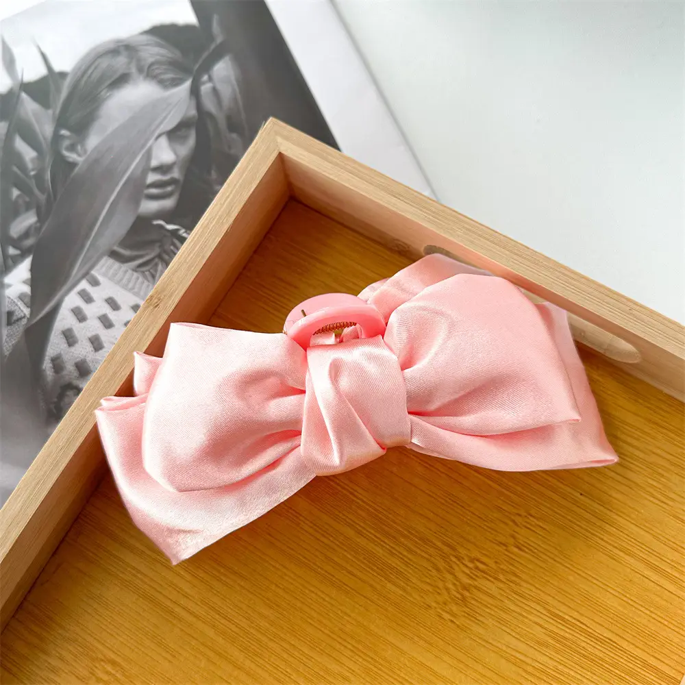 Black Satin Large Bow Hair Clip Korean Style - Image 3