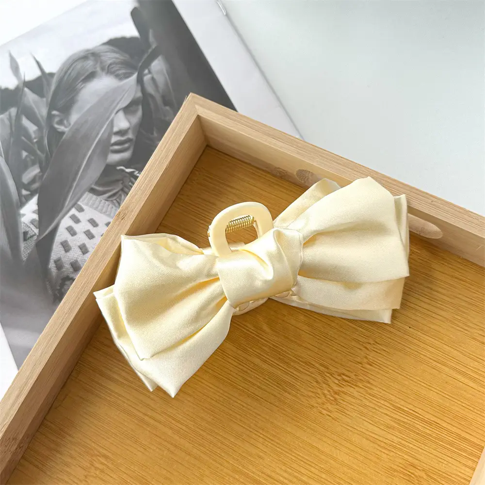 Black Satin Large Bow Hair Clip Korean Style - Image 4