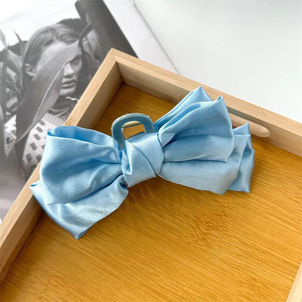 Black Satin Large Bow Hair Clip Korean Style - Image 5