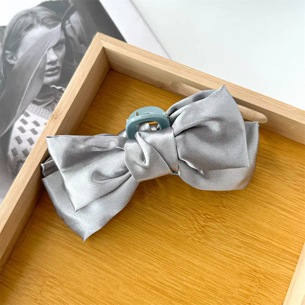 Black Satin Large Bow Hair Clip Korean Style - Image 6