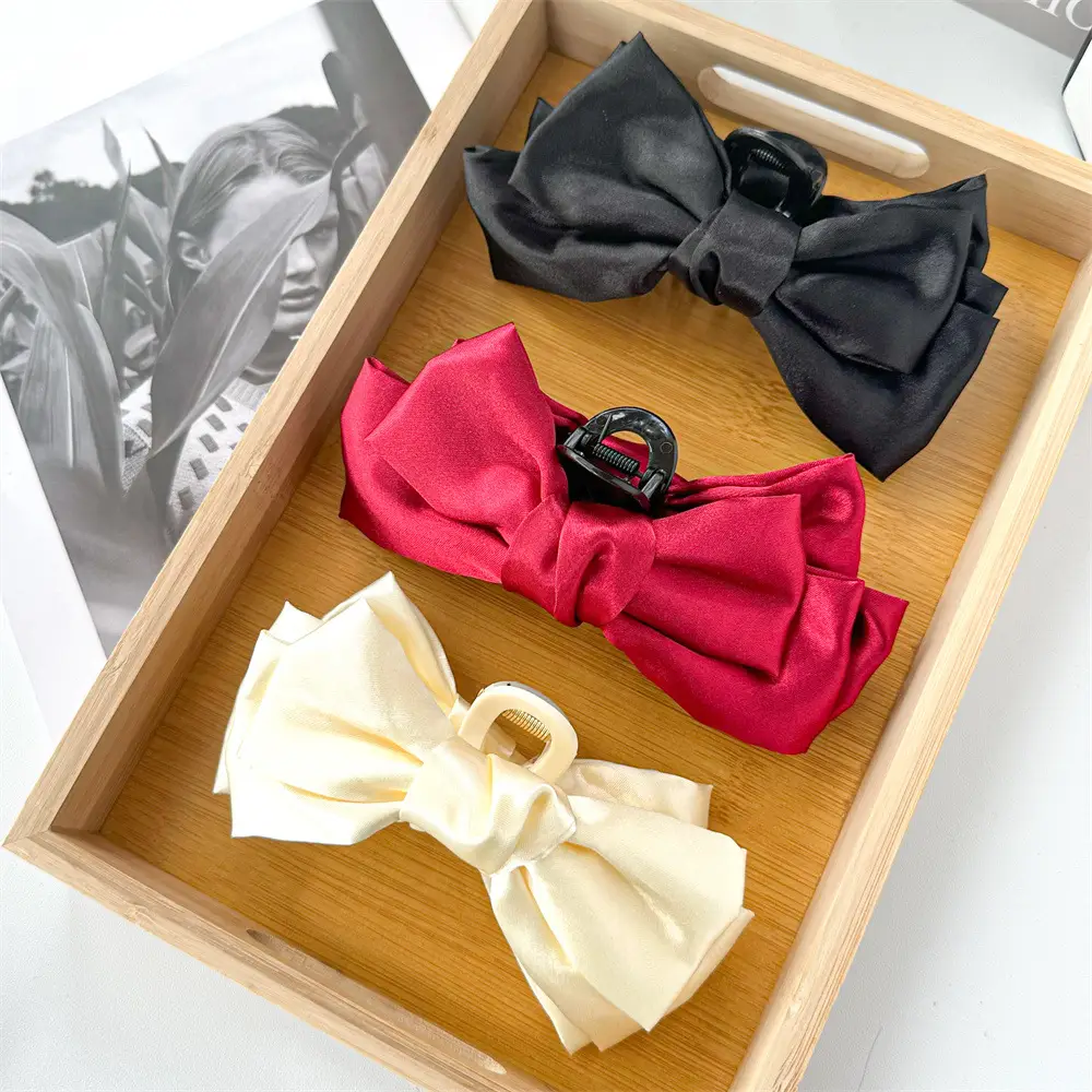 Black Satin Large Bow Hair Clip Korean Style - Image 7