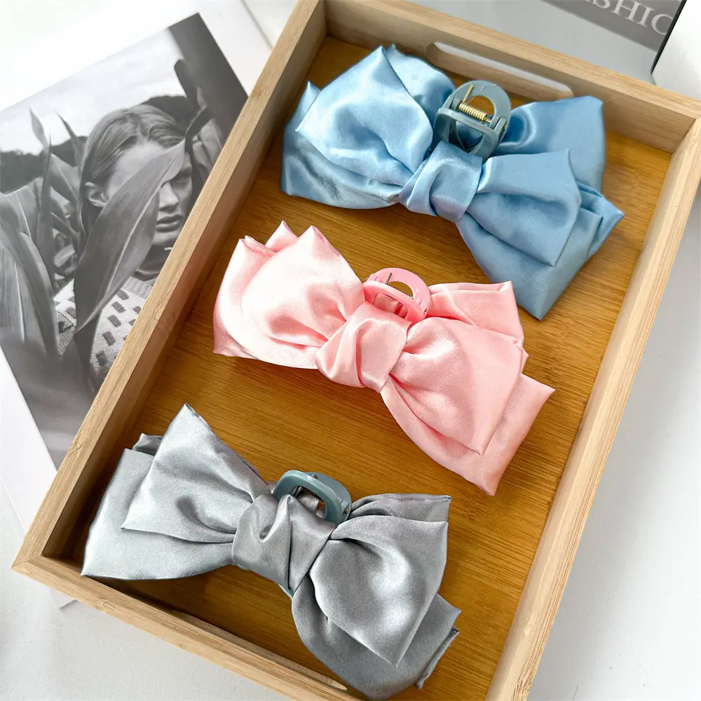 Black Satin Large Bow Hair Clip Korean Style - Image 8
