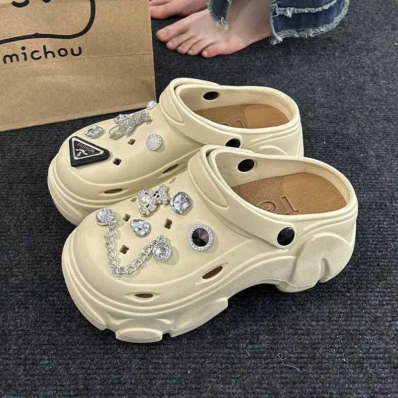 Summer Metal Bear DIY Hole Shoes Women's Outdoor Wear High Heel Thick Bottom Small Size Elevated EVA Sandals and Slippers Foreign Trade Cross - Image 6