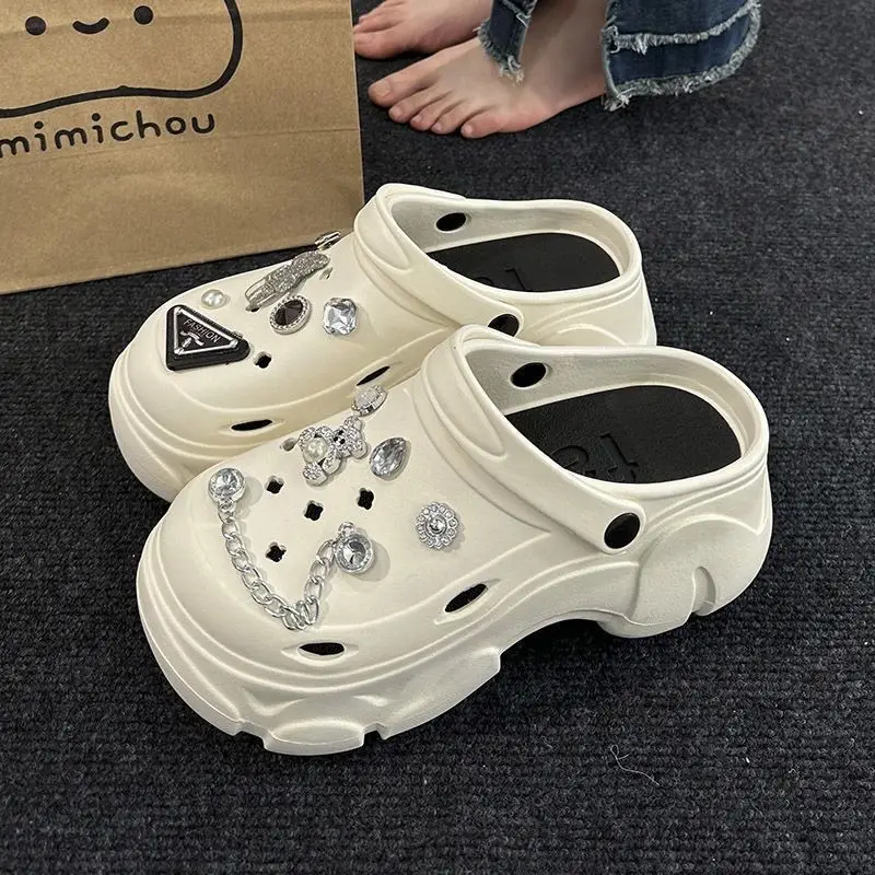 Summer Metal Bear DIY Hole Shoes Women's Outdoor Wear High Heel Thick Bottom Small Size Elevated EVA Sandals and Slippers Foreign Trade Cross — feature 5