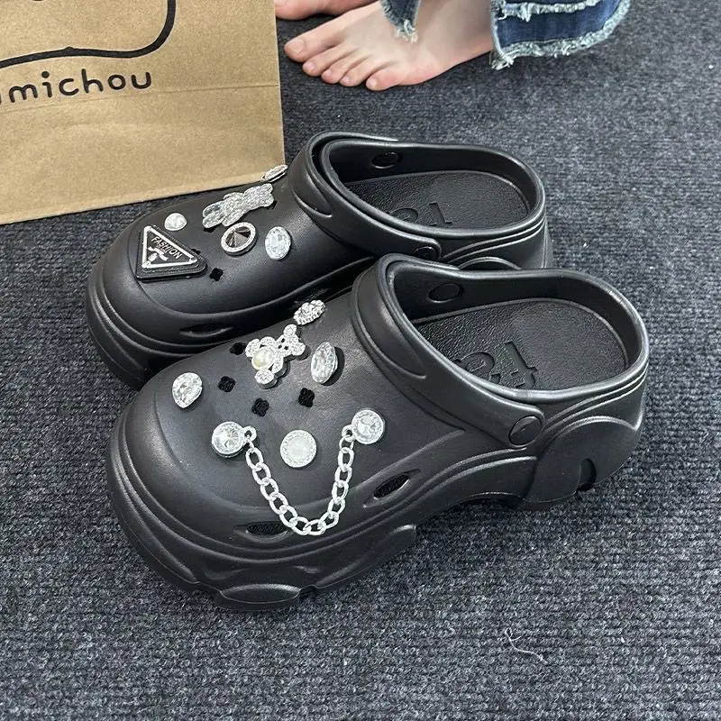 Summer Metal Bear DIY Hole Shoes Women's Outdoor Wear High Heel Thick Bottom Small Size Elevated EVA Sandals and Slippers Foreign Trade Cross — feature 6