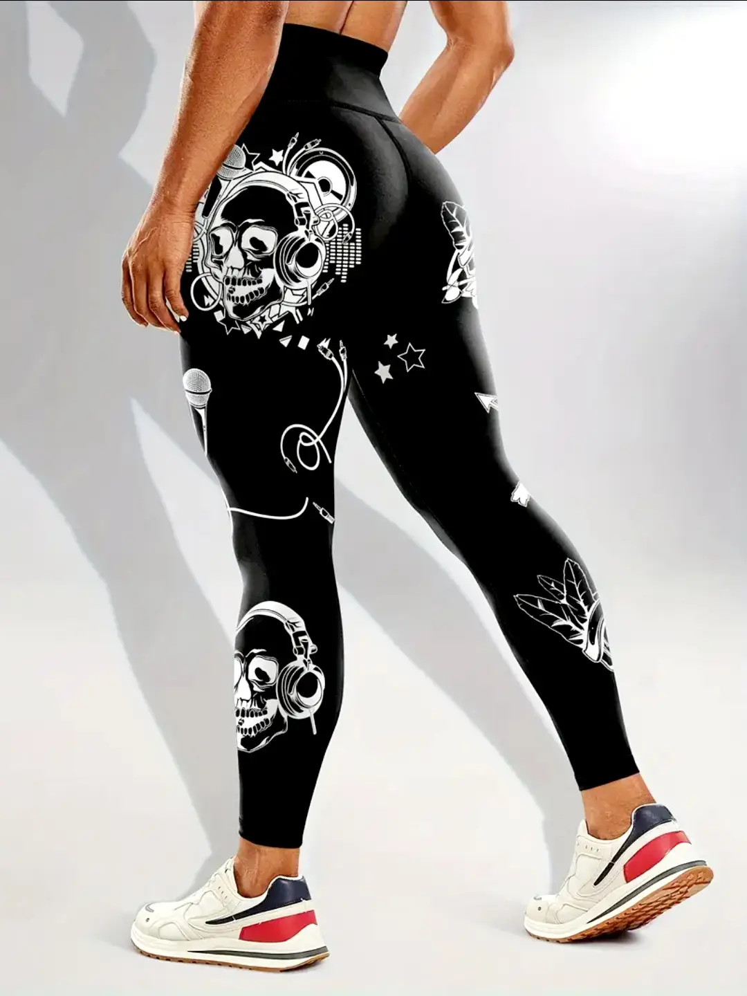 Cross-Strap High Waist Yoga Pants Black White Star Print — feature 28