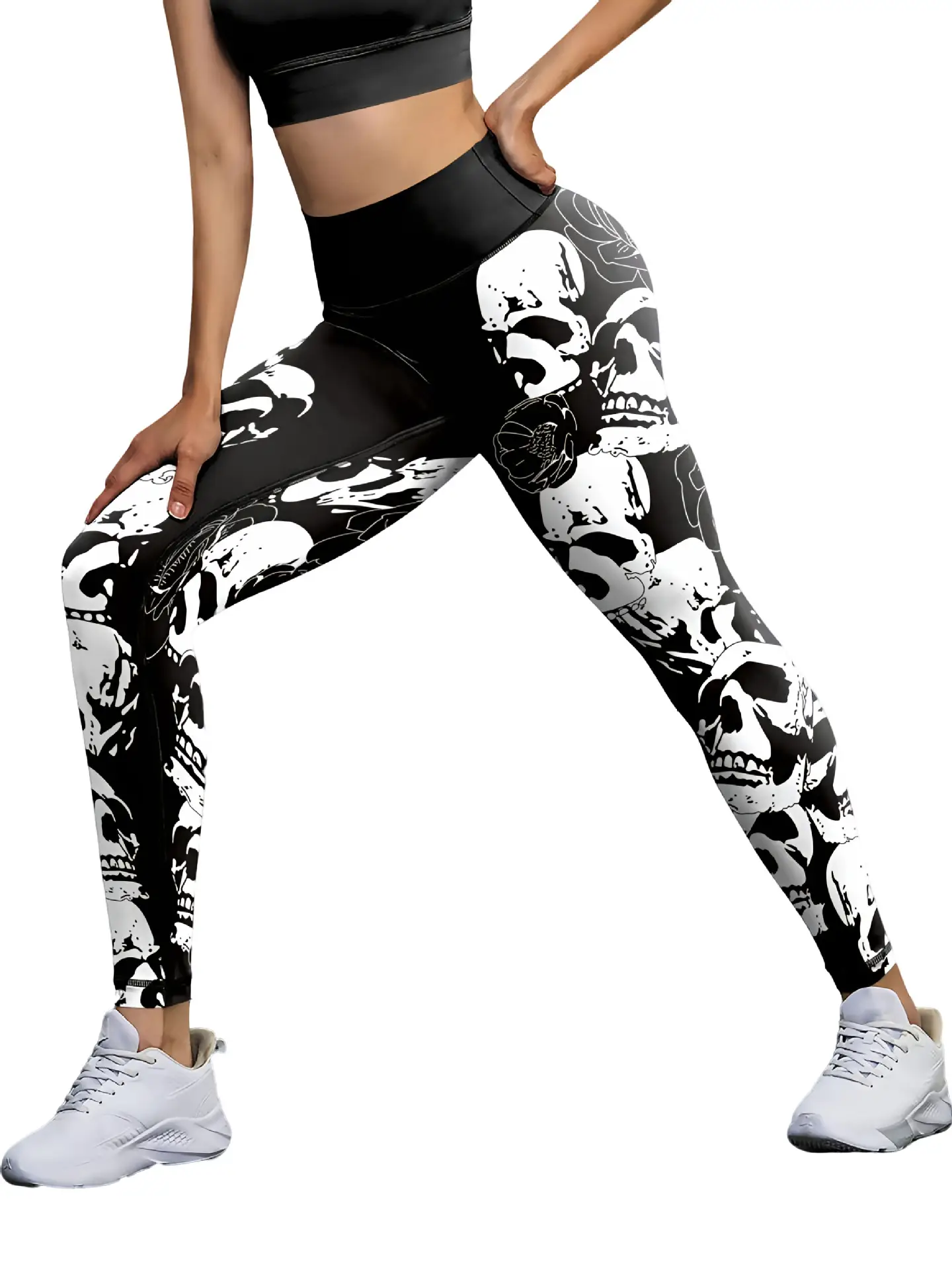 Cross-Strap High Waist Yoga Pants Black White Star Print - Image 12
