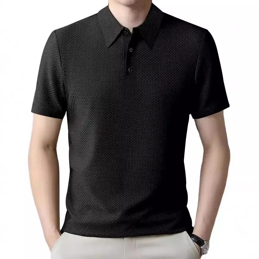 Men Black Polo Shirt Short Sleeve Lapel Button - Image 9