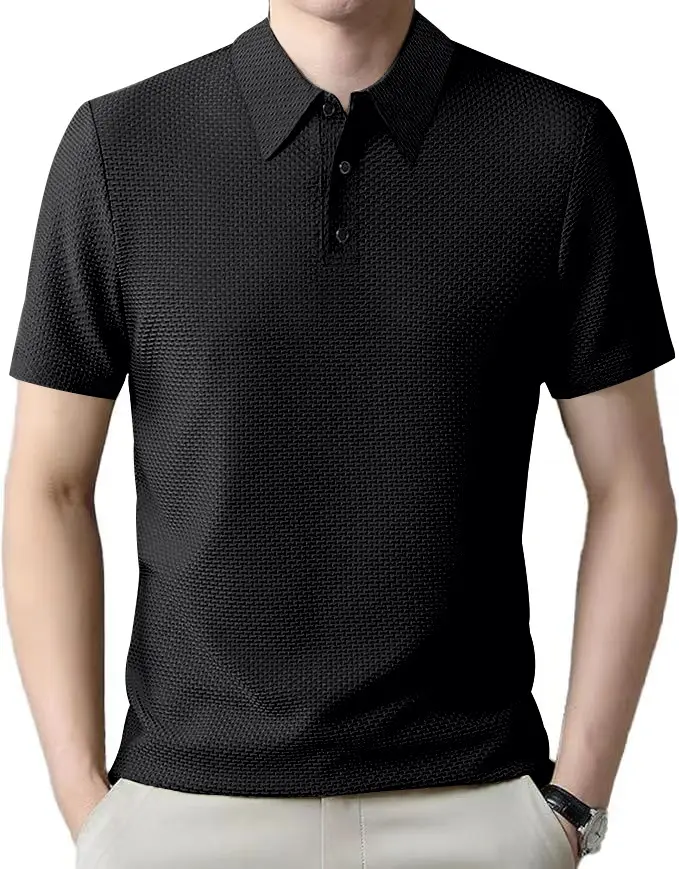 Men Black Polo Shirt Short Sleeve Lapel Button - Image 2