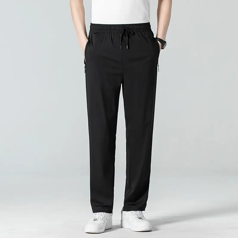 Men's Black Ice Silk Elastic Pants Loose Straight Leg Mid Waist
