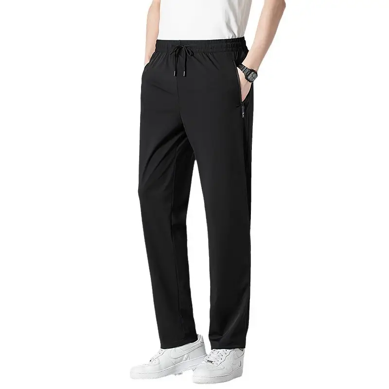 Men's Black Ice Silk Elastic Pants Loose Straight Leg Mid Waist