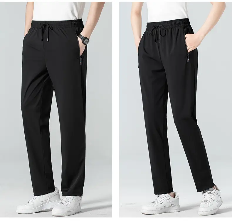 Men's Black Ice Silk Elastic Pants Loose Straight Leg Mid Waist — feature 14