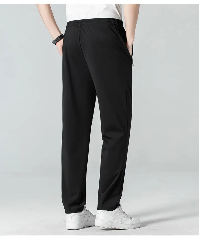 Men's Black Ice Silk Elastic Pants Loose Straight Leg Mid Waist — feature 15