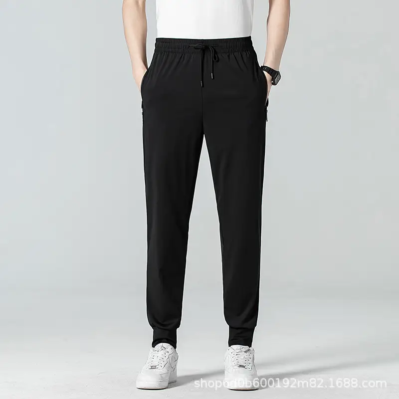Men's Black Ice Silk Elastic Pants Loose Straight Leg Mid Waist