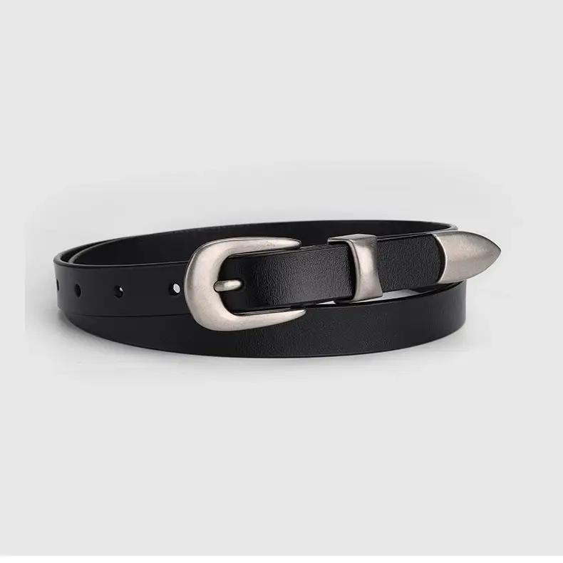 Women's Black Leather Belt with Silver Buckle - Image 2