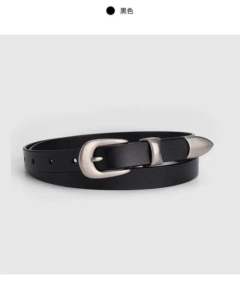 Women's Black Leather Belt with Silver Buckle — feature 1