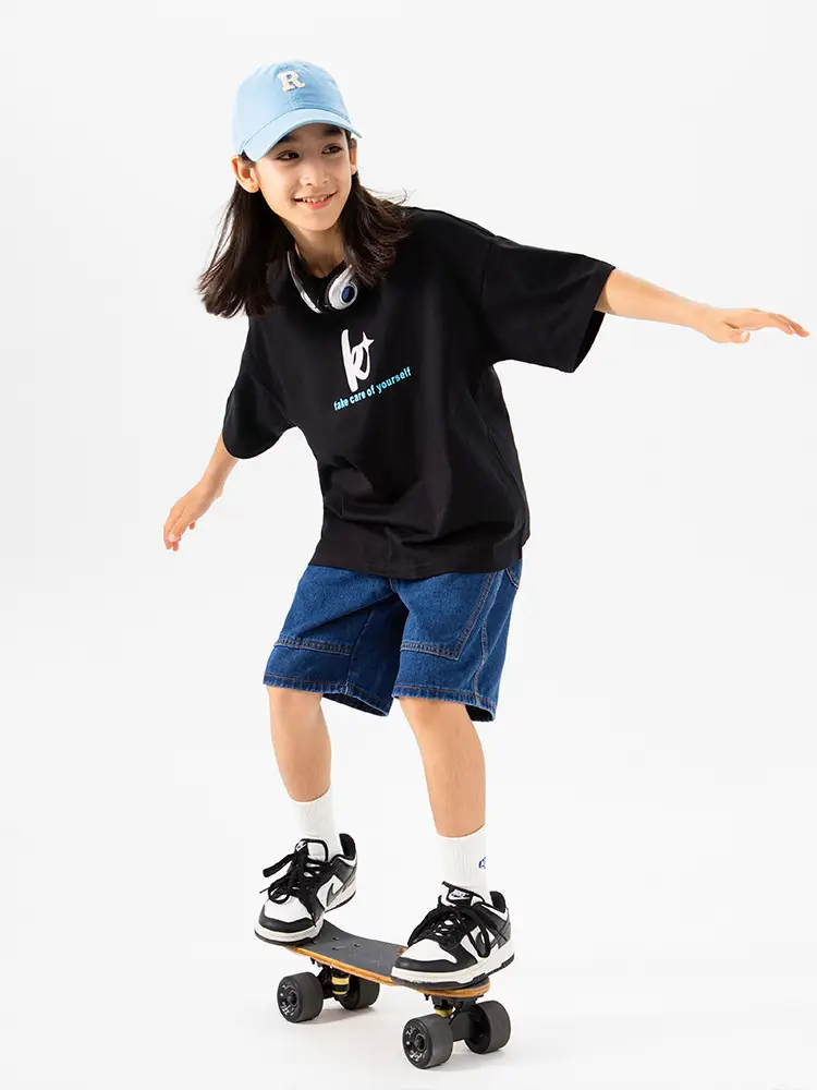 Kids Skateboard Wear Black T-Shirt Blue Shorts Large - Image 11