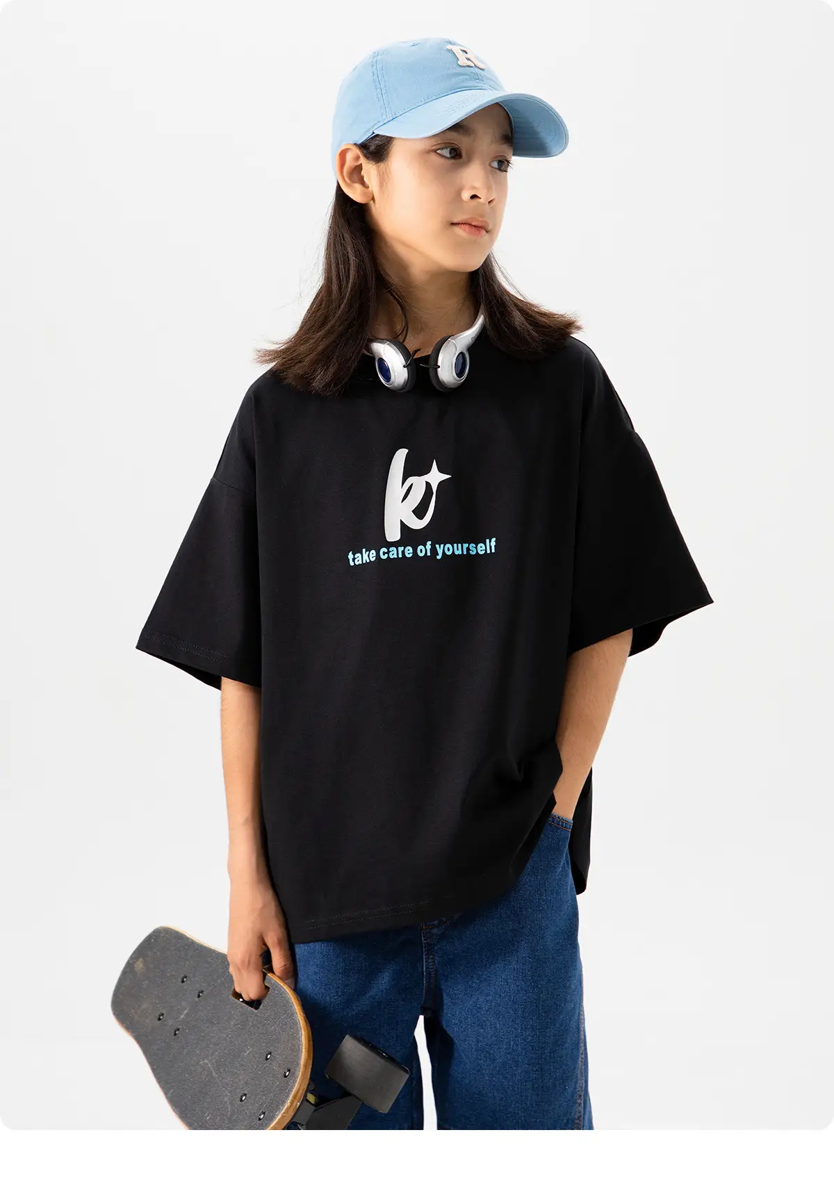 Kids Skateboard Wear Black T-Shirt Blue Shorts Large — feature 18