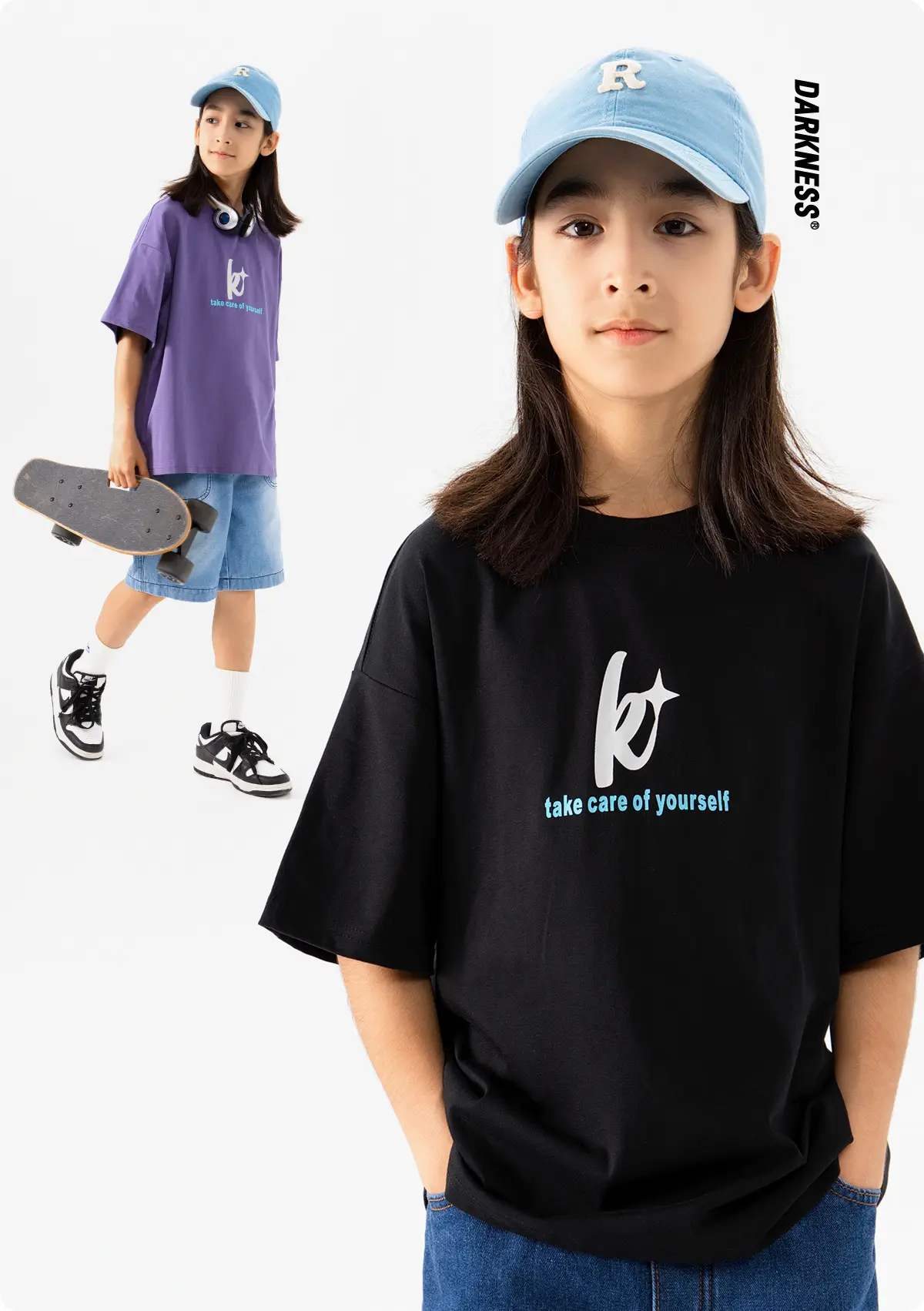 Kids Skateboard Wear Black T-Shirt Blue Shorts Large — feature 2