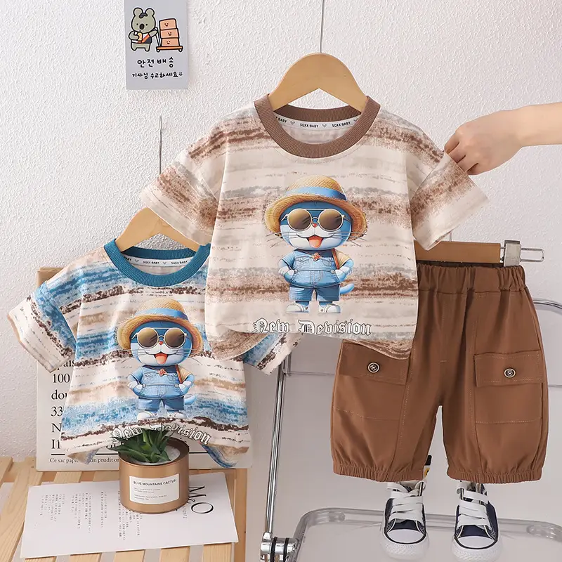 Kids 2Pc Printed T-Shirt Shorts Set Brown Cotton Summer 2024 - Image 3