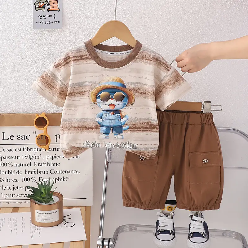 Kids 2Pc Printed T-Shirt Shorts Set Brown Cotton Summer 2024 - Image 2