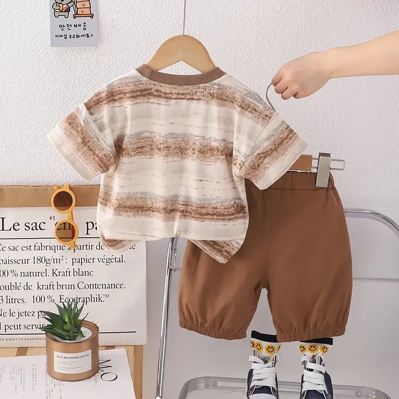 Kids 2Pc Printed T-Shirt Shorts Set Brown Cotton Summer 2024 - Image 4