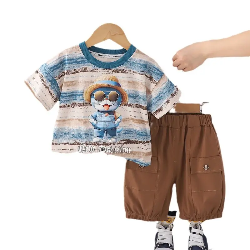 Kids 2Pc Printed T-Shirt Shorts Set Brown Cotton Summer 2024 - Image 5