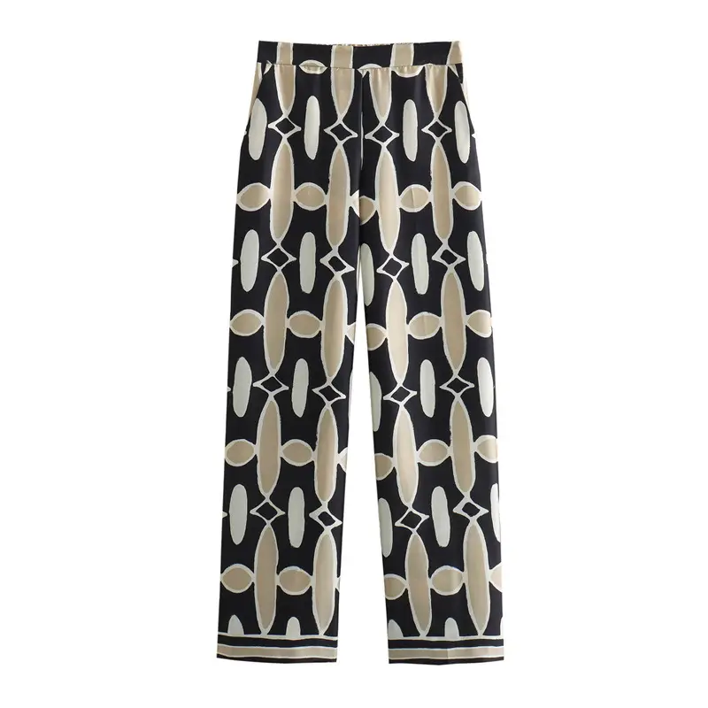 Cross-border foreign trade 2024 spring new women's European and American silk satin texture printed shirt straight trousers suit 2735 — feature 7