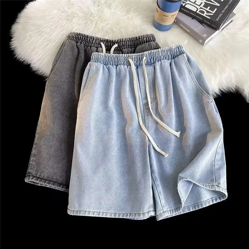Men Black Elastic Waist Denim Shorts Summer Loose Fit