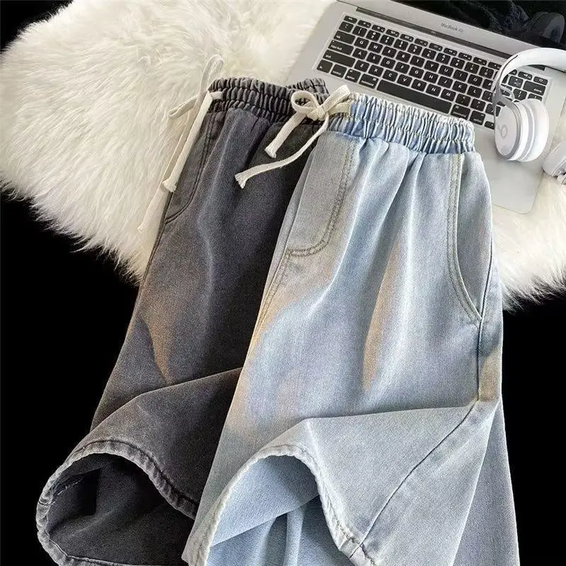 Men Black Elastic Waist Denim Shorts Summer Loose Fit