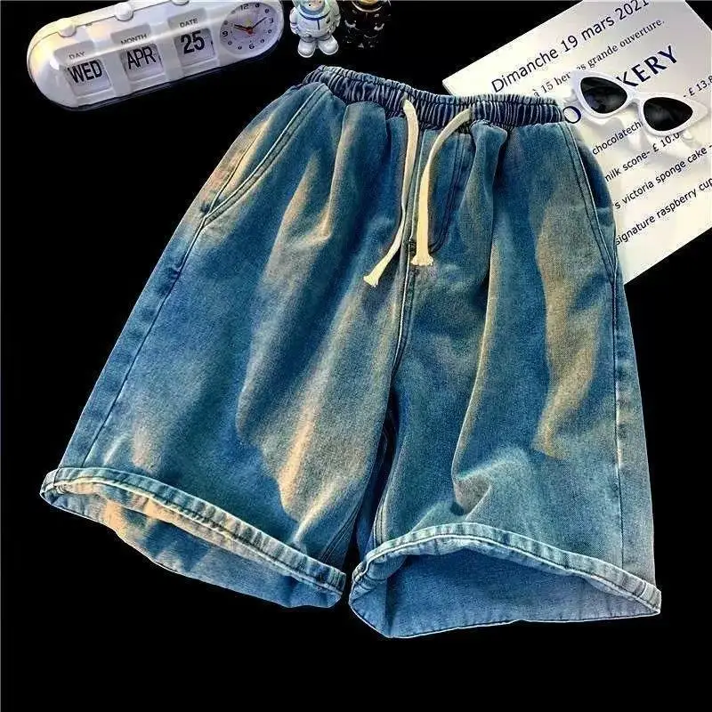 Men Black Elastic Waist Denim Shorts Summer Loose Fit