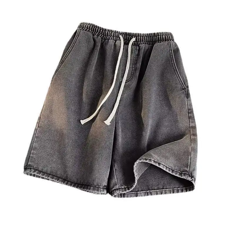 Men Black Elastic Waist Denim Shorts Summer Loose Fit