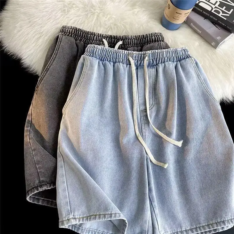Men Black Elastic Waist Denim Shorts Summer Loose Fit — feature 4