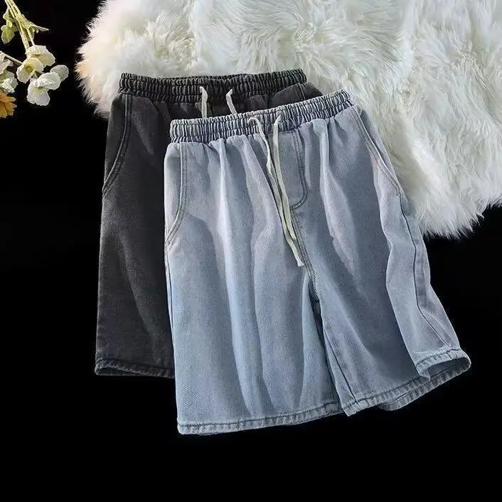 Men Black Elastic Waist Denim Shorts Summer Loose Fit — feature 8