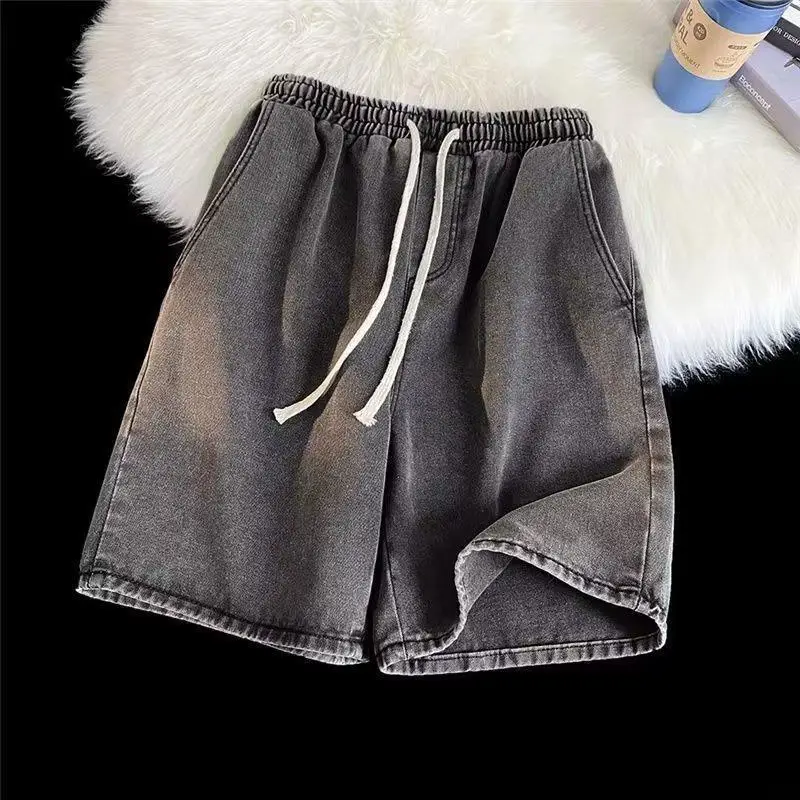 Men Black Elastic Waist Denim Shorts Summer Loose Fit