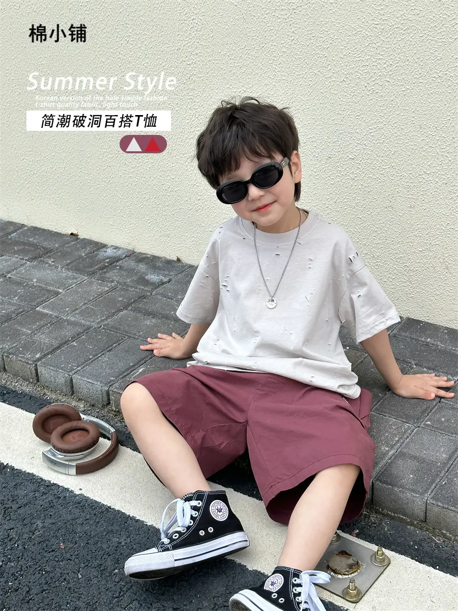 Boys T-Shirt Summer Korean Style Kids Ripped Top 2025 - Image 2