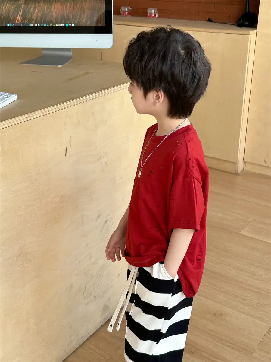 Boys T-Shirt Summer Korean Style Kids Ripped Top 2025 — feature 34