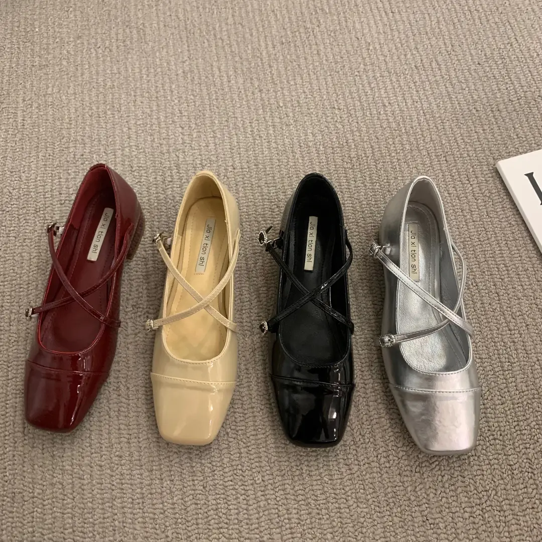 Thick heel cross silver Mary Jane square toe single shoes women's shoes 2024 new spring evening gentle flat ladle shoes - Image 5