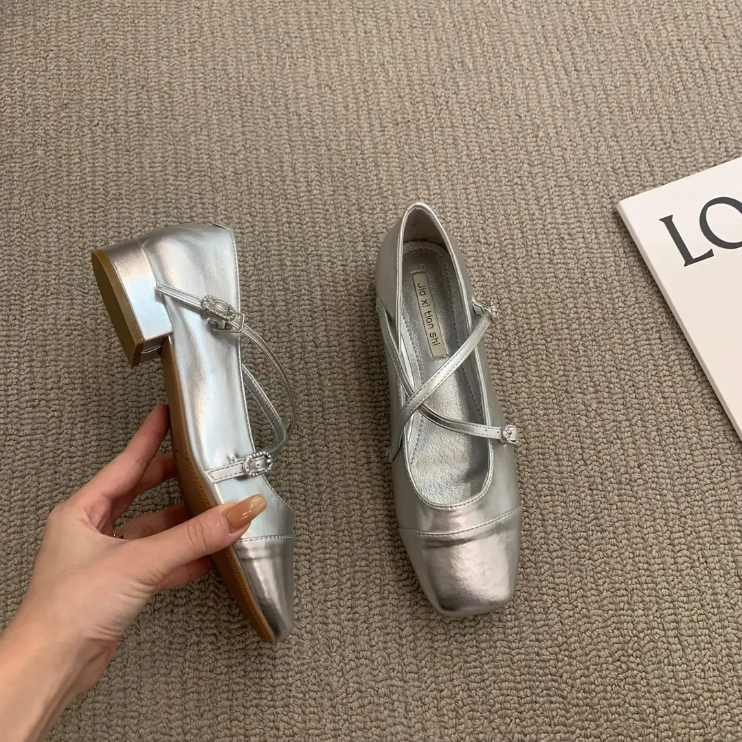 Thick heel cross silver Mary Jane square toe single shoes women's shoes 2024 new spring evening gentle flat ladle shoes - Image 6